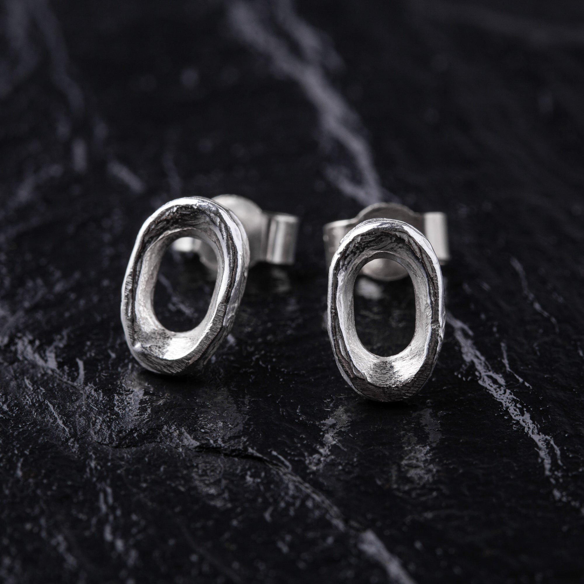 Handcrafted Textured Oval 925 Sterling Silver Stud Earrings